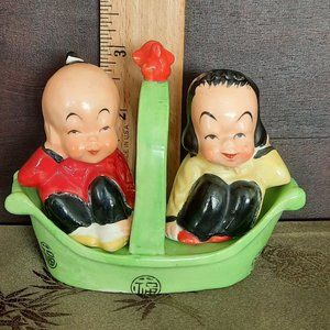 Vintage Ceramic Maruri Salt & Pepper Shaker Set, 3-Piece w/ Original Boat